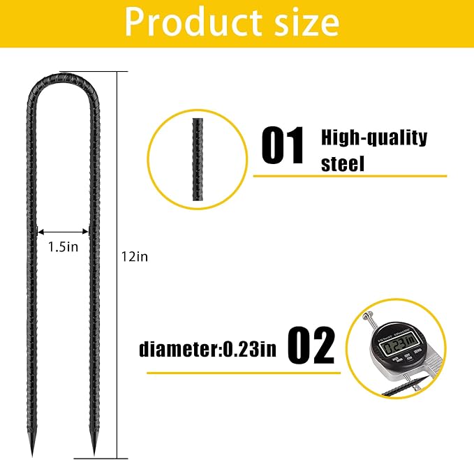 Ground Stakes Heavy Duty 12 inch, U-Hook Rebar Stakes Black Coated Anti-Rust 20pcs Garden Stakes Metal Ground Anchors for Garden Dog Fence Chicken Coop Christmas Decorations Deer Fence