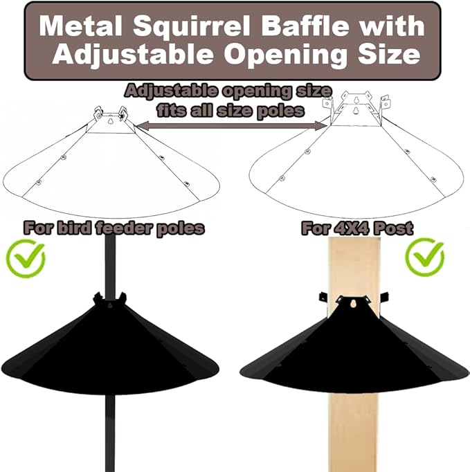 19 Inch Metal Squirrel Baffle，Adjustable Opening Size Squirrel Baffle for Up to 4x4 Wide Wooden Post,Squirrel Baffle for Bird Feeders Without Removing Bird Feeder Poles Or Shepherd's Hooks.