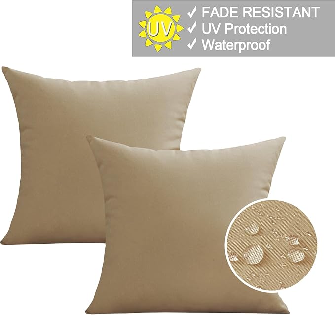 VAKADO Outdoor Waterproof Throw Pillow Covers 16X16 Set of 2 Decorative Taupe Patio Furniture Cushion Cases Outside Decor for Couch Garden Bench Porch