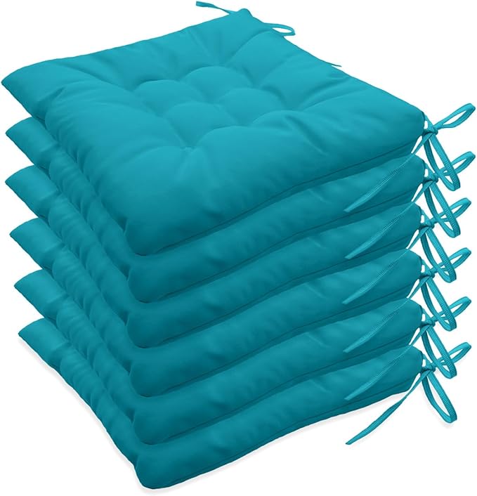 Outdoor Indoor Tufted Chair Cushions, Seat Cushions with Ties, Chair Pads Waterproof for Porch Kitchen Office Garden Sky Blue 16" x 16", Set of 6