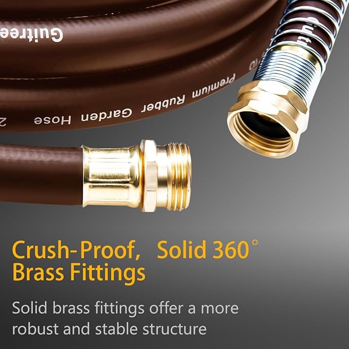 Guitrees Garden Hose 90FT x 5/8", Heavy Duty Rubber Hose, Water Hose with Five Layered Braiding, Male to Female Fittings, 1000PSI Burst, 300PSI Working (Brown)