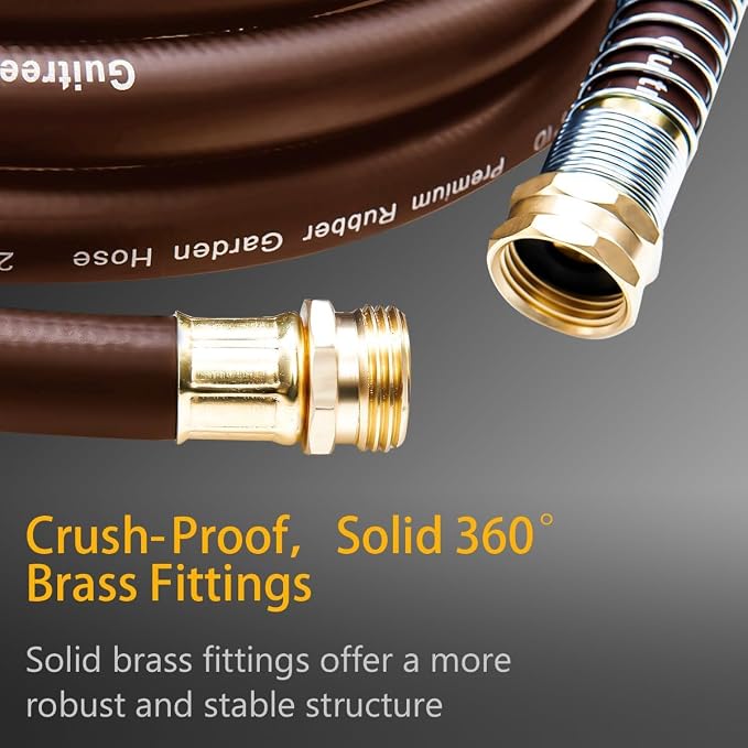 Guitrees Garden Hose 50FT x 3/4", Heavy Duty Rubber Hose, Water Hose with Five Layered Braiding, Male to Female Fittings, 1000PSI Burst, 300PSI Working (Brown)
