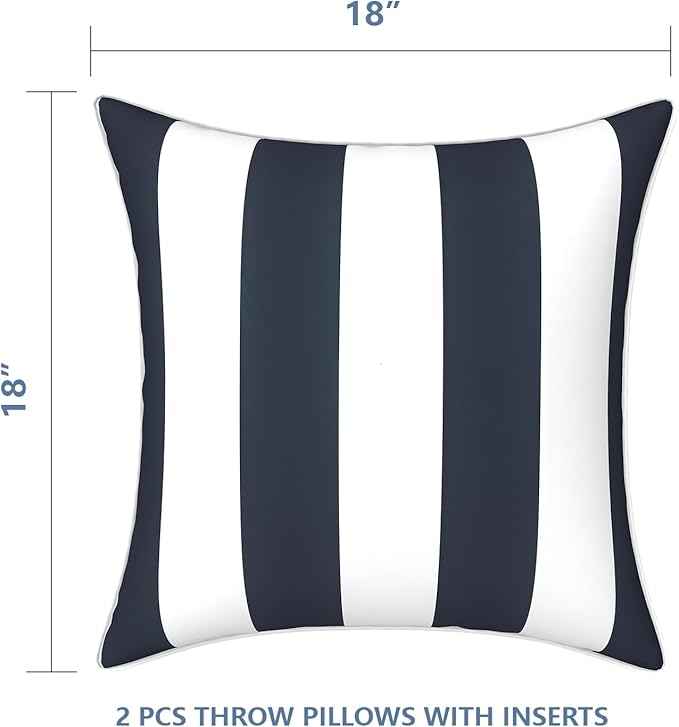 LVTXIII Outdoor Throw Pillows 18x18 Patio Waterproof Square Pillows with Piping Fade Resistant Accent Pillow for Spring Summer Garden Decoration, Set of 2, Cabana Navy