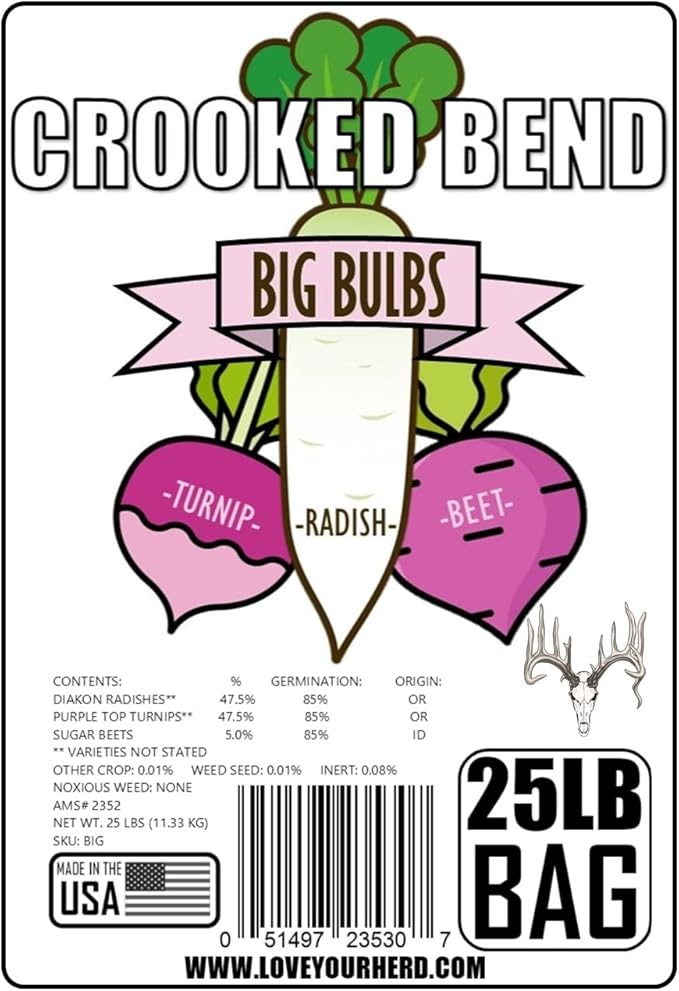 Crooked Bend, Big Bulbs, 25 LBS, Bulk Fall Food Plot Seed Mix for Whitetail Deer & Wild Turkey, No Till & No Plow, Throw & Grow Radish, Turnip & Sugar Beet Seeds