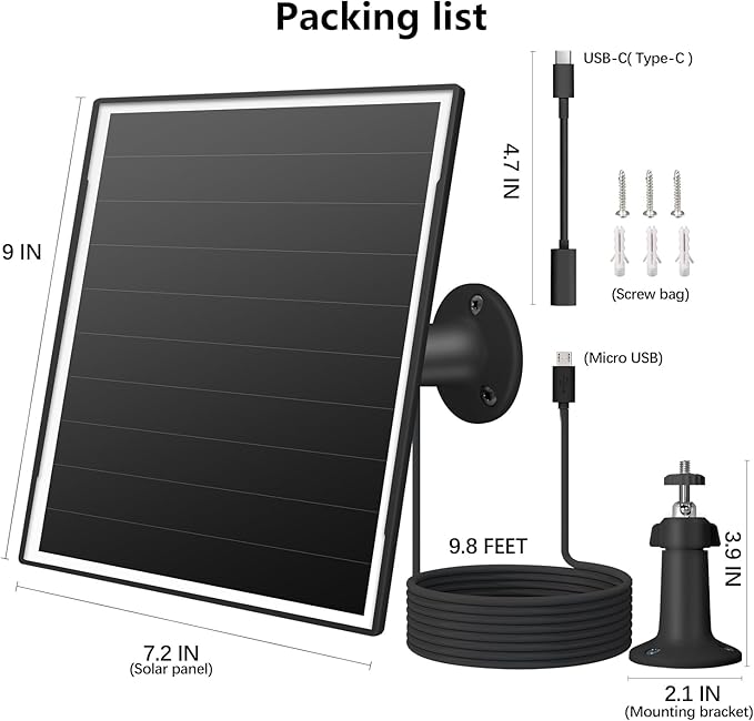 8W Solar Panel for Outdoor Security Camera, 5V Micro USB and USB - C Solar Panel Charger ，Fits Eufy/Wyze/Reolink DC 5V Output, IP65/360° Adjustable, 9.8ft Cable, Fast Charging