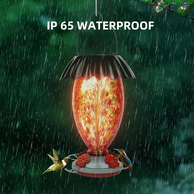 Solar Hummingbird Feeder for Outdoors Hanging Colorful Lighting 32 Oz Hand Blown Glass Hummingbird Feeder for Garden Decoration with Accessories (Firework)
