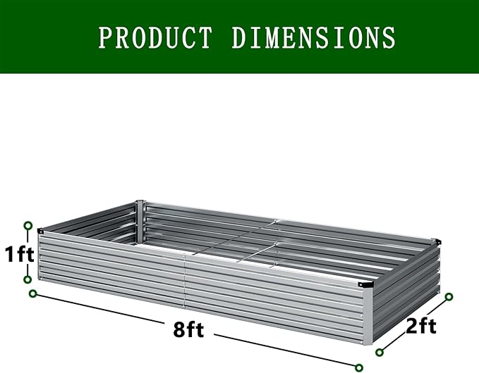 8×2×1FT(2PCS) Galvanized Raised Garden Bed Kit Metal Planter Boxes，Large Outdoor Planters Garden for Planting Vegetables,Flowers,Herbs -Silver
