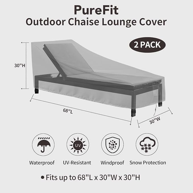 PureFit Outdoor Chaise Lounge Cover, Lounge Chair Covers Waterproof Patio Furniture Lounge Chair Cover, UV Resistant & Weatherproof, 2 Pack, 68" L x 30" W x 30" H Inches, Gray