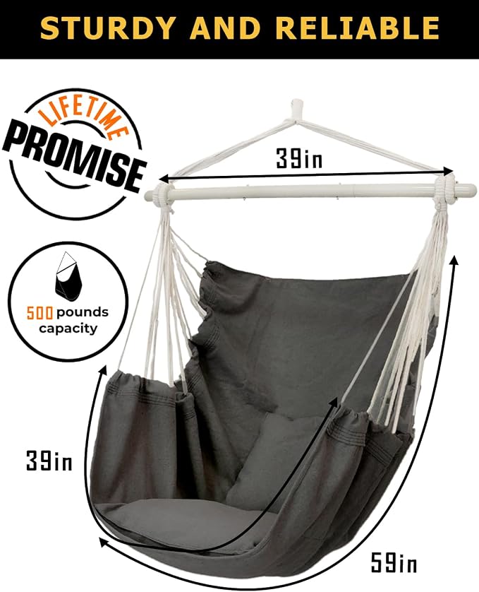 ADVOKAIR Hammock Chair Hanging Chair Swing Large Indoor with Anti-Slip Steel Spread Bar and Pocket-Max 500lbs-2 Cushions, Perfect for Bedroom,Outdoor,Patio, Porch,Backyard