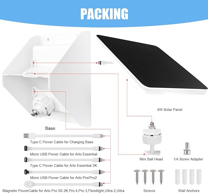 4W Solar Panel Charging Mount for Arlo Essential 2K (2nd Gen),Essential XL,Essential Spotlight,Arlo Pro 6/6 XL,Pro 4/3/2,Pro 5S 2K,Ultra 2,Ultra,IP67 Weatherproof Continuously for 365 Days