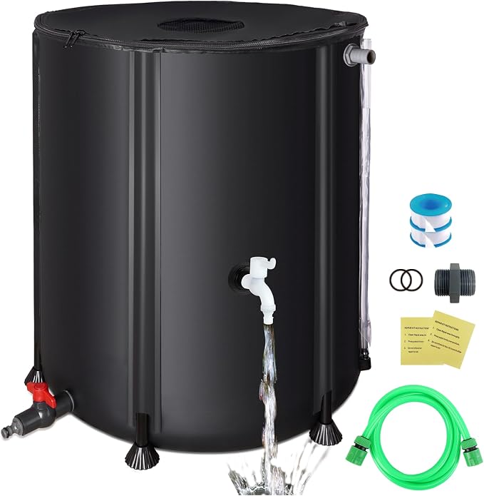 SKM Collapsible Rain Barrel, PVC Rain Water Collection System and Water Tank for Outdoor/Garden/Lawn, Portable Rain Water Collection Barrel Container with Spigots & Overflow Kit, 53Gallon, Black