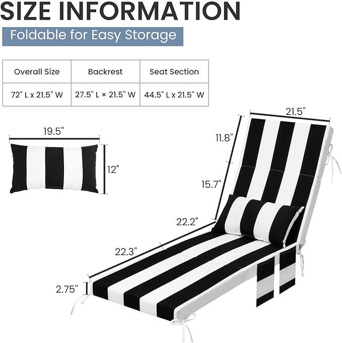 Crestlive Foldable Outdoor Chaise Lounge Cushions with Head Pillow and Side Pockets,Water Repellent & Fade Resistant Lounge Chair Cushion, 72''L x 21''W, Set of 2, Black Stripe