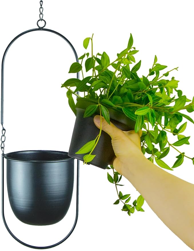 Modern Metal Hanging Planters with 6 Inch Pots and Sleek Chains - Set of 2 Oval Geometric Plant Hangers - Black Wall and Ceiling Mount Flower Holders for Indoor Décor