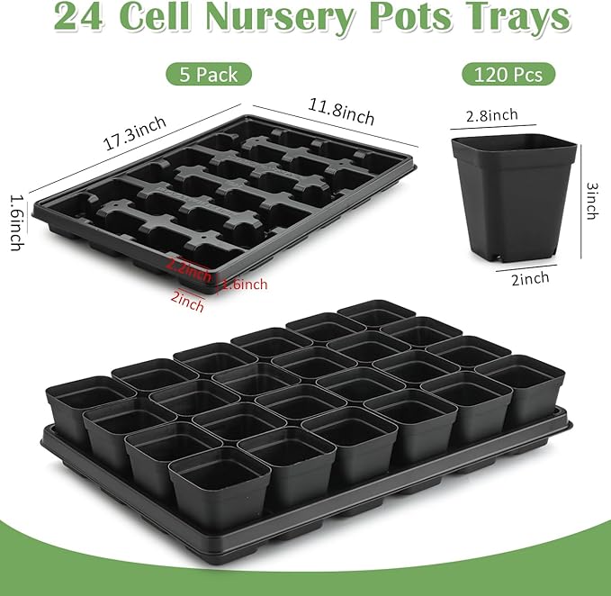 RooTrimmer 5 Pack 24 Cell Nursery Pots Trays with 2.8 inch (7CM) Square Nursery Pots 120pcs (Black), Plastic Seed Starter Tray with Drain Holes for Carrying and Holding Plant Pot(17"x11"x1.6")