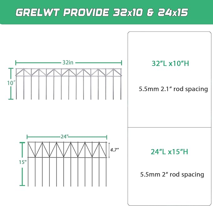 10 Pack 32" L x 10" H Animal Barrier Fence, No Dig Fence Patented Product, 5.5mm Galvanized Stakes with 2.1" Spacing, Anti Digging for Dogs Outdoor Yard Patio, Total 26.6Ft(L) X 10in(H) Black