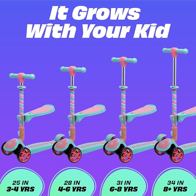 SKIDEE Kick Scooter for Kids Ages 3-5 | Foldable 3 Wheel Scooter with Lean-to-Steer, Adjustable Height, Removable Seat & LED Light Wheels | Toddler Scooter Up to 12 Year Old Boys/Girls