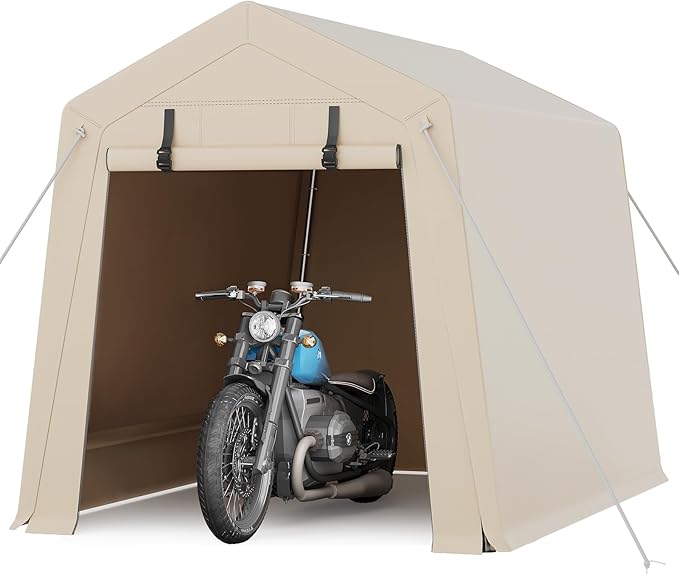 GarveeLife Portable Outdoor Storage Shed with Roll-Up Zipper Door & Vent, 240G Heavy-Duty Shelter Waterproof PE Tarp, UV-Resistant Carport for Motorcycle, Firewood, Tools (Khaki, 6'x8')