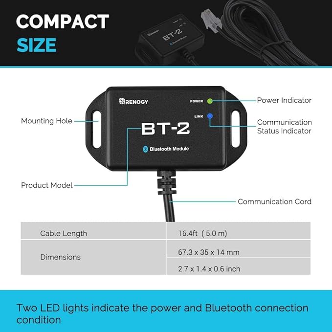 Renogy BT-2 Bluetooth Module for Solar Systems - Wireless Monitor & Control via DC Home App, RS485/RJ45 Port, 82ft Range,IP54 Waterproof,Compatible with MPPT Controllers,Lithium Batteries,Inverters