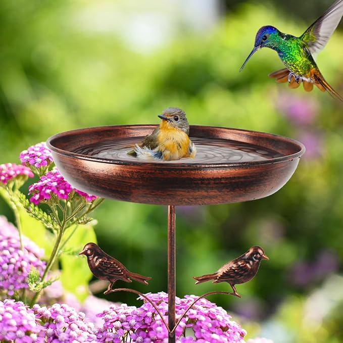 DREAMSOUL 13" Dia Bird Bath with 5 Prong Stake, 34 Inch Tall Bird Bath for Outside Metal Birdbath for Garden Yard Patio