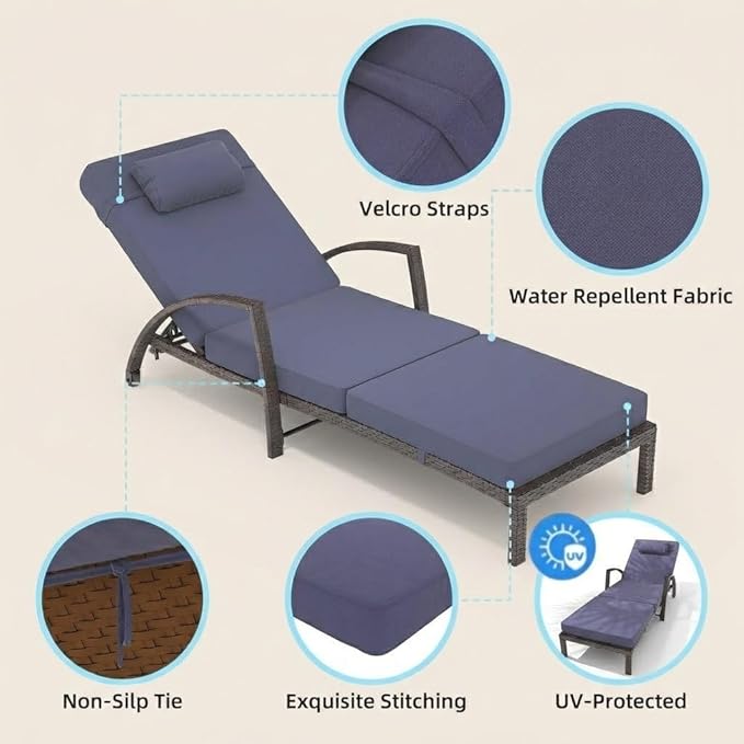 Garvee Outdoor Chaise Lounge Set of 2, 5-Position Adjustable PE Wicker Reclining Chairs with Wheels & 3.5" Cushions, 400 lbs Capacity All-Weather Patio Furniture for Poolside, Garden, Beach(Blue)