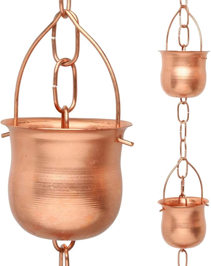 Copper Rain Chain – Decorative Chimes & Cups Replace Gutter Downspout & Divert Water Away from Home for Stunning Fountain Display – for Universal Fit