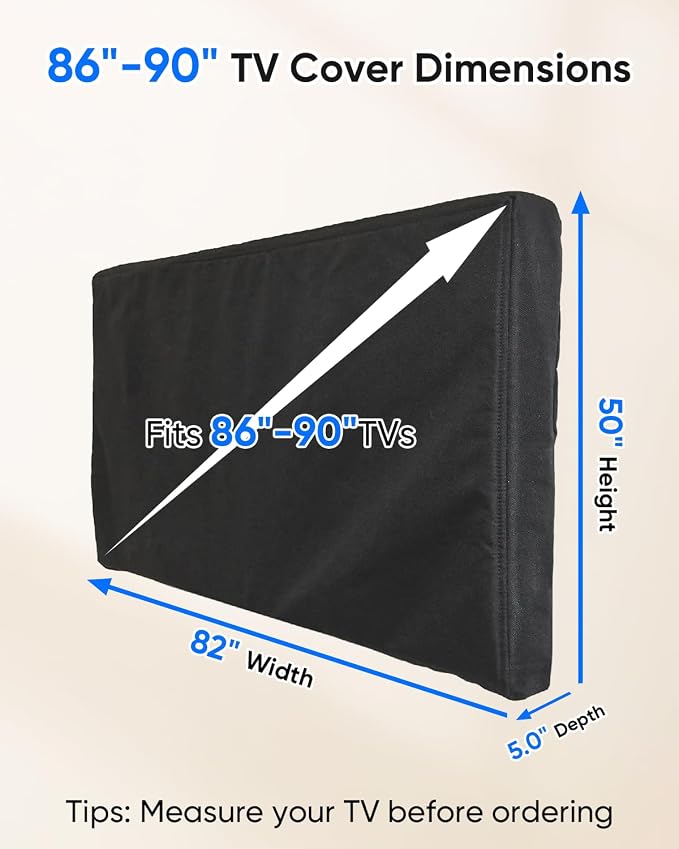 FORGING MOUNT Outdoor TV Cover 86-90 inch with Zipper,Weatherproof Cover Size 82" W x 50" H Waterproof for Outside Flat Screen TVs, Soft Non Scratch Interior,600D Thick Fabric Protector-Black