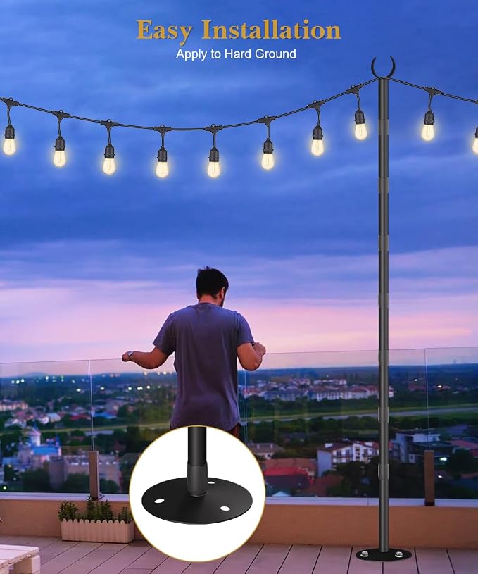 10Ft String Light Poles for Hard Surfaces, Outdoor Light Stand for Backyard, Garden & Patio Party Lighting, Heavy-Duty Metal Poles with Waterproof Finish, Rustproof & Adjustable