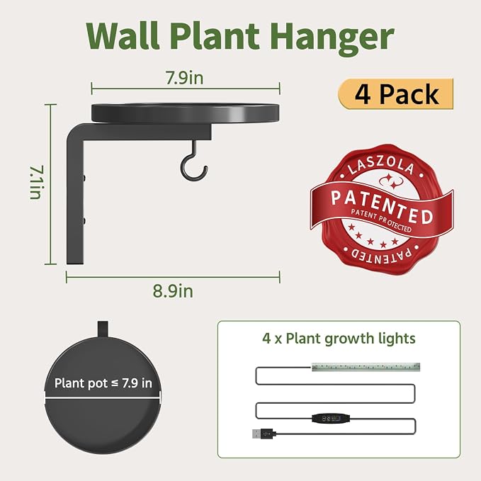 LASZOLA Plant Hangers Shelves Wall Mounted Indoor with Grow Lights, Metal Window Plant Holders, 4Pcs Modern Floating Flower Display Stand with 4 Hooks for Outdoor Kitchen Bathroom Decor, Black