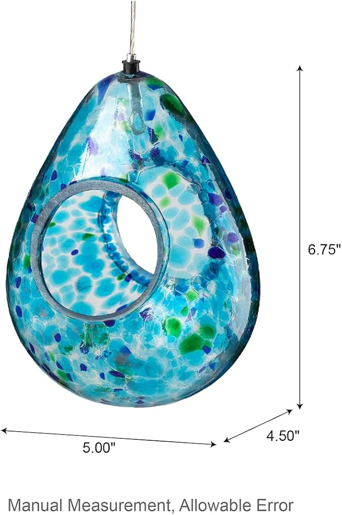 Glitzhome Glass Bird Feeder for Outdoors, 6.75" H Blue Dots Teardrop Hanging Birdfeeder for Garden Tree Yard Outside Decoration
