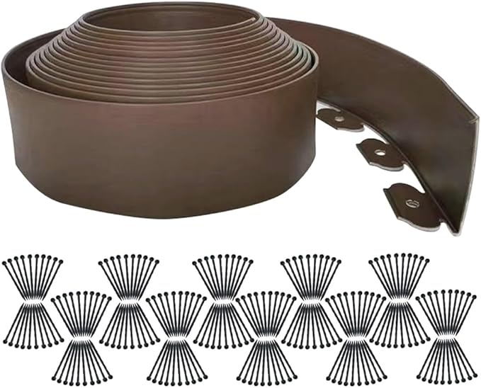 Landscape Edging 131FT,Garden Edging Borders [Extra Tall 4IN High] with 200pcs Plastic Stakes, Lawn Edging Flexible DIY Fence for Landscaping,Flower Bed,Grass,Gravel,Tree Surrounding-Brown