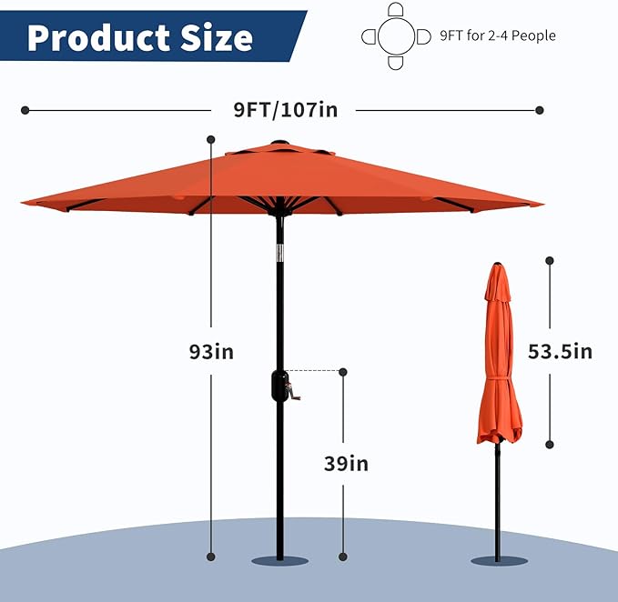 Garvee 9 ft Outdoor Patio Umbrella 8 Sturdy Ribs Outdoor Table Umbrella with Crank Lift & Push Button Tilt - UV Protection Waterproof Market Umbrellas for Pool, Deck, Yard, Garden, Orange