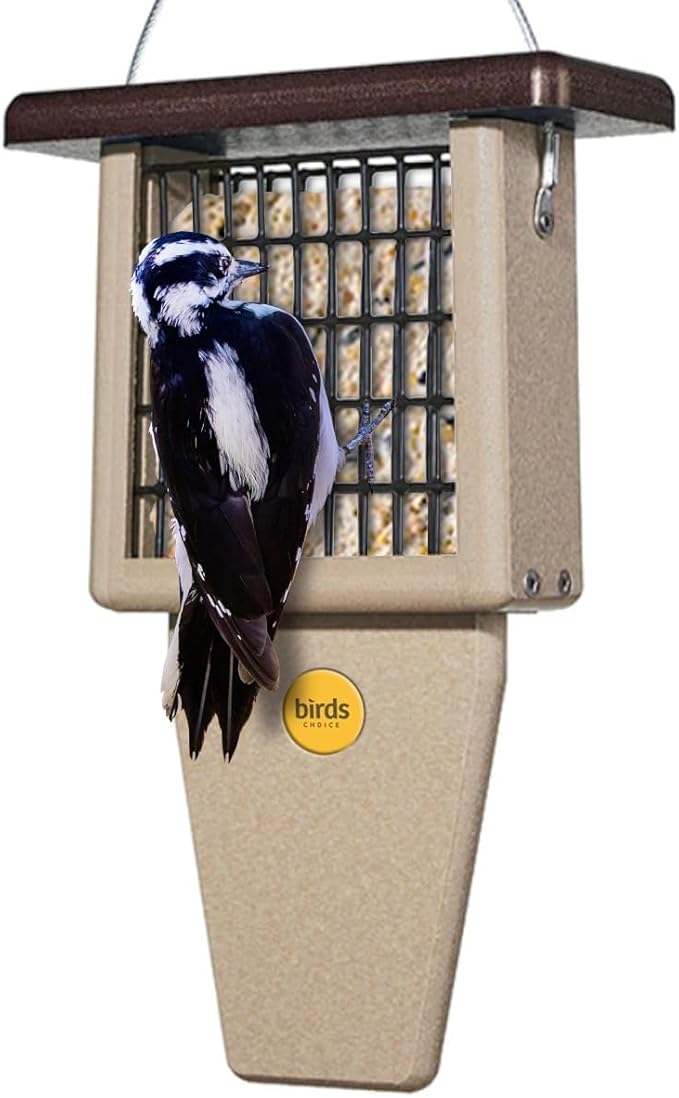 Birds Choice Suet Feeder with Tail Prop, Holds 1 Suet Cake | Hanging Suet Bird Feeder with Roof, Woodpeckers, Jays, Nuthatches | Sturdy for Garden & Backyard | Taupe & Brown, 8"L x 3"W x 12"H