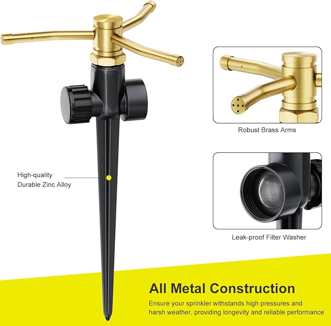 FANHAO 2 Pack Metal Lawn Sprinklers with Spike Base, Heavy Duty Automatic Rotary Garden Sprinkler System, 3-Arm Water Sprinkler 360 Degree Large Area Coverage for Plant, Flower Bed and Patio