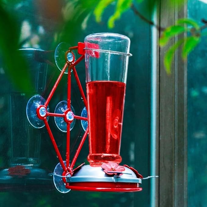 Window Hummingbird Feeder with 5 Strong Suction Cup 32 Ounces Colorful Hand-Blown Glass Hummingbird Feeder for Outdoor Patio Hanging Windows Mount (Transparency)