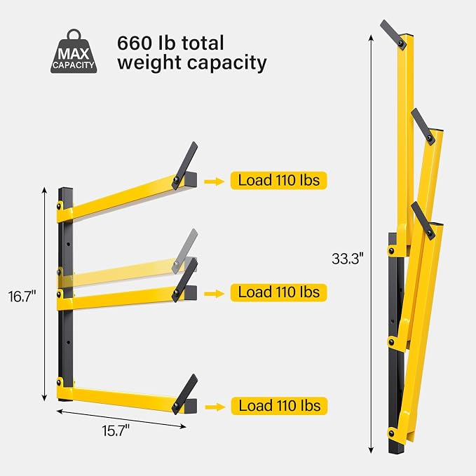 GREENER Lumber Storage Rack Folding Wood Storage Racks Wall-Mounted Metal Racks for Storage with 3-Level Heavy Duty Garage Wood Organizer for Woodworking Shop Indoor & Outdoor Use, 4 pairs,Yellow
