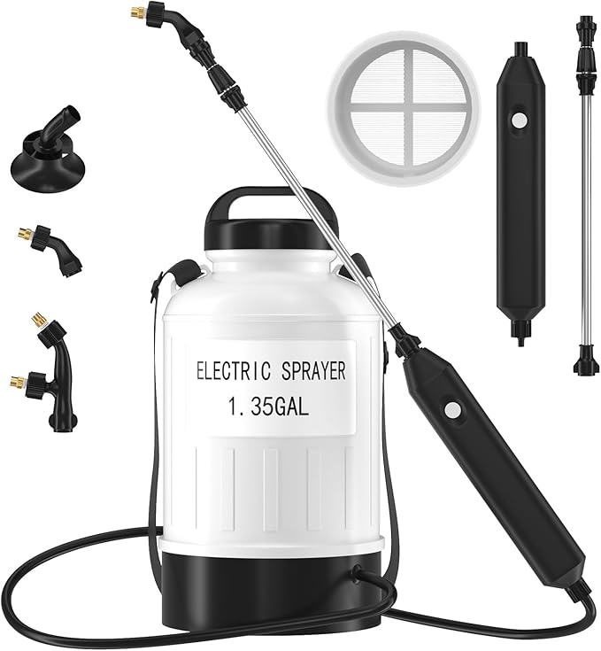 Battery Powered Electric Sprayer 1.35 Gallon Garden Pump Sprayer, Retractable Wand, 3 Mist Nozzles, USB Rechargeable Handle & Adjustable Shoulder Strap for Yard Lawn Planting