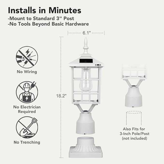 ST4224Q-W Solar Post Light Outdoor Led Squared Frame Fixture with 3" Pier Mount Base for Garden Street Pole Landscape Yard Driveway Entryways (White)