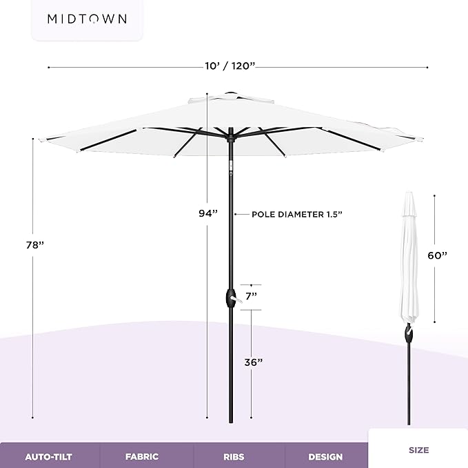 Midtown Umbrellas - 10-Year-No-Fade 10 Ft Patio Umbrella with Terylast Fabric, Auto-Tilt Aluminum Frame and 8 Reinforced Ribs for Deck, Pool, Garden & Beach - Ivory White Canopy, Black Pole