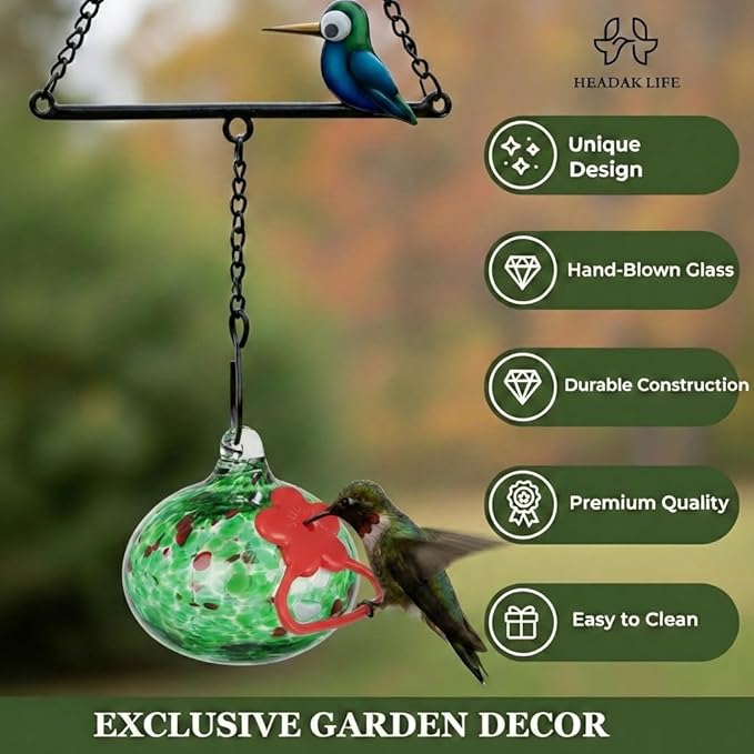 Headak Life Hummingbird Feeder for Outdoors Hanging,Metal Hummingbird Swing with Hand Blown Glass Hummingbird Feeder,Artistic Bird Perch & Garden Decor, Unique Gardening Gifts for Women(Green)