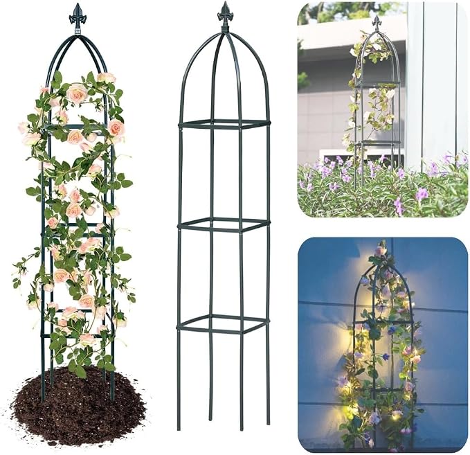 100% Metal Obelisk Trellis for Climbing Plants Outdoor & Indoor - 63" Tall Rustproof Metal Garden Trellis for Clematis Cucumber Vines - Square Plant Support Rose Trellis for Pots Flowers Fruits Green