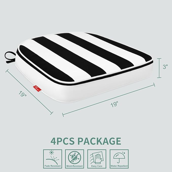 Outdoor Chair Cushions Set of 4, 19"x19" Water-Resistant Patio Cushions with Ties, High Density Foam U-Shape Seat Cushions for Patio Garden Chairs,Black White Stripe