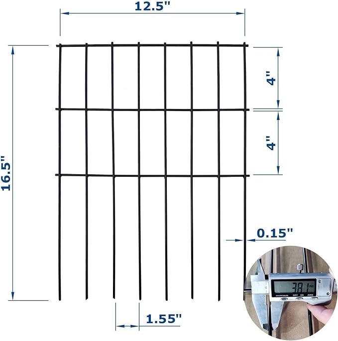Black Animal Barrier Fence 16.5 in (H) X 10.4 ft (L) with 1.55 Inch Spike Spacing, Anti Digging Garden Under Fence Dog Barrier