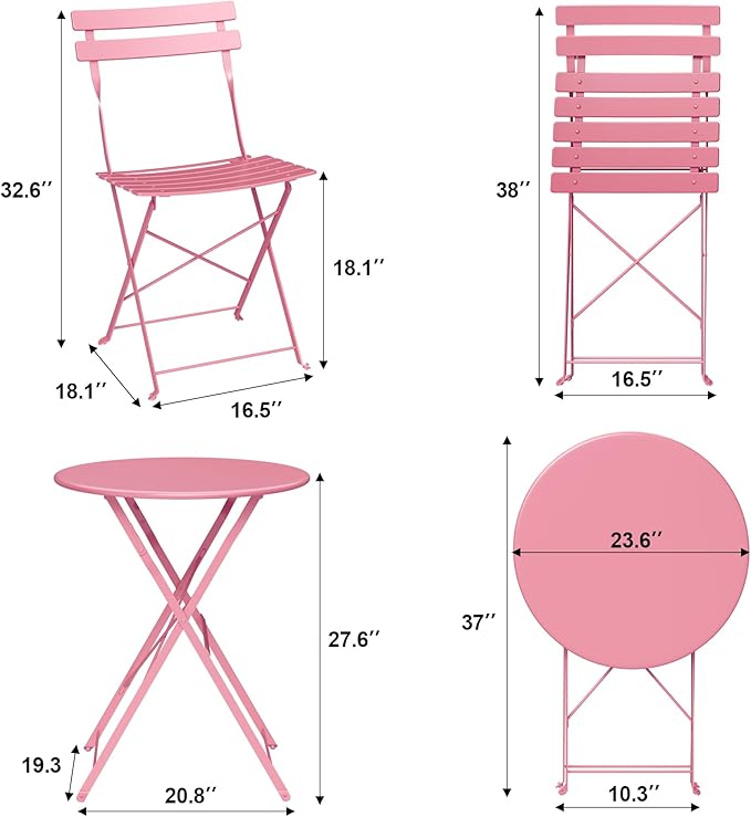 Bistro Table and Chairs Set of 2, 3 Piece Outdoor/Indoor Folding Patio Bistro Sets, 2 Chair Patio Furniture Set with Table, Premium Frame Foldable Coffee Tables for Balcony, Yard, Garden, Pink