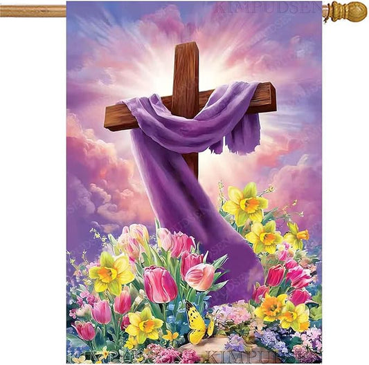 Spring Summer Easter House Flag 28x40 Inch Double Sided Large Burlap Cross Tulip Lily Flower Yard Garden Flags for Seasonal Farmhouse Outside Outdoor Decoration