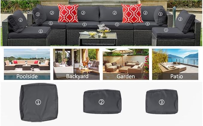 14Pieces Patio Cushion Covers Replacement Outdoor Couch Cushions Covers Splashproof Sofa Slipcovers Set with Zippers,Patio Furniture Protector Cover Only(Black Gray, 25.6×25.6×3.94inches)