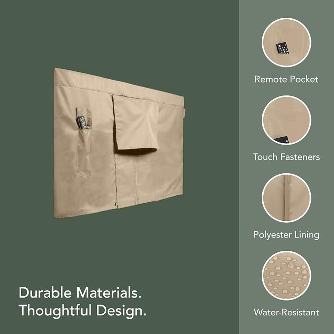 Covermates Outdoor Full TV Cover – Water-Resistant All-Weather Protection for Mounted & Freestanding TVs, 12-Gauge Vinyl with Remote Pocket & Secure Touch Fastener Closure, 42-45 Inches, Classic Tan