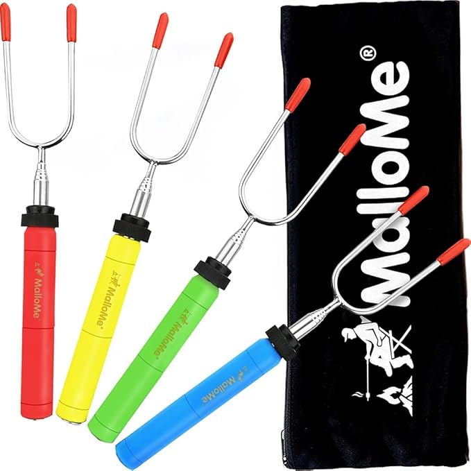 MalloMe Smores Sticks for Fire Pit -Rotating 34 inch Marshmallow Roasting Sticks Smores Kit Outdoor -Accessories for Campfire- Smore Skewers Hot Dog Fork, Camping Essentials Bonfire Gear Long (4 Pack)