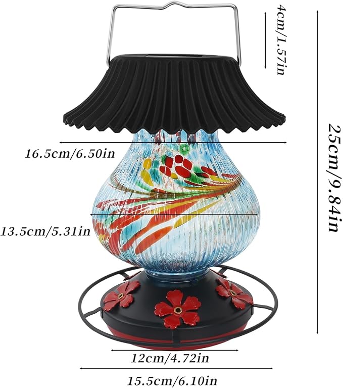 Solar Glass Hummingbird Feeder for Outdoors- 26 fl.oz Best Hummingbird Feeders with Ant Moat & Perch - 5 Feeding Ports - Wasp Leak Proof- Hand Blown Glass Color Changing Glowing in Dusk