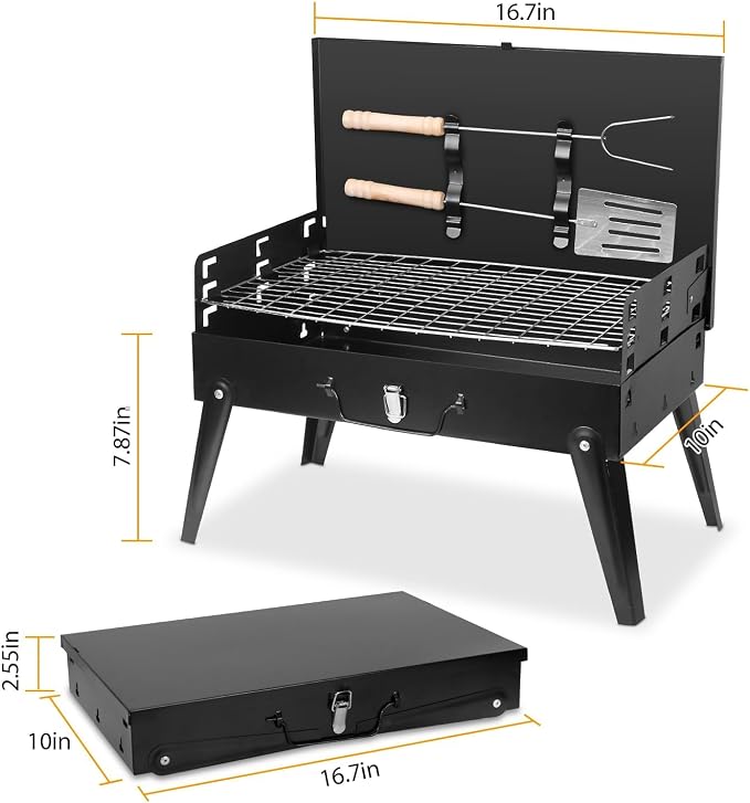 KOCASO Portable Charcoal Grill, Foldable BBQ Suitcase Grill Shelf for Outdoor Camping Picnics Garden Grilling – 16.7x10x17.7 in