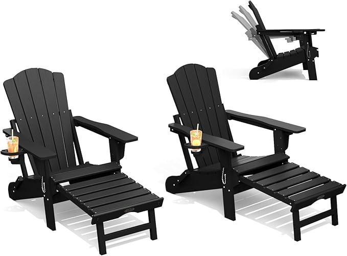 THOEOE Folding Adjustable Adirondack Chairs with Ottoman & 1 Cup Holders Set of 2, HDEP Multifunctional Adirondack Chair with Footrest,Black